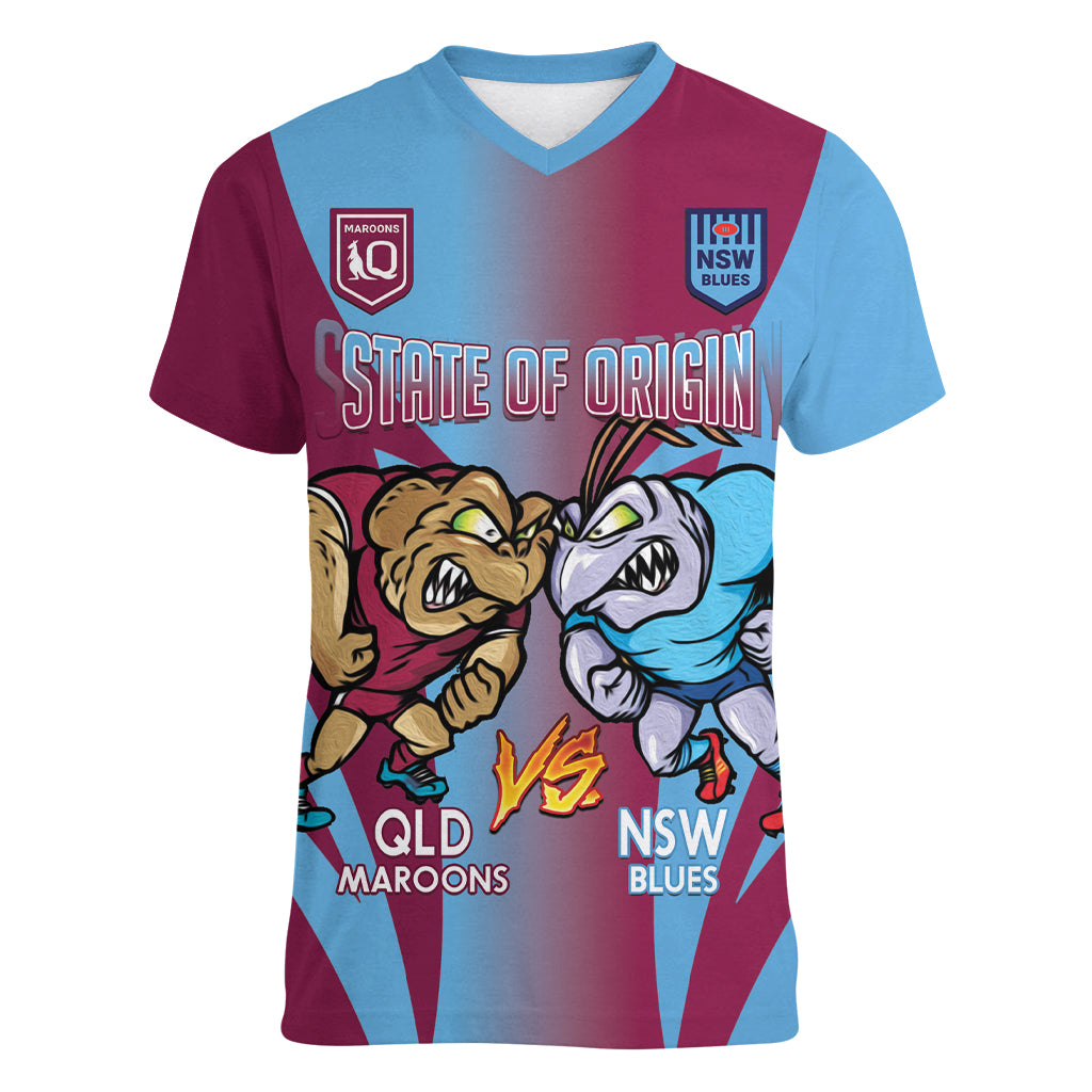 Custom NSW Blues And QLD Maroons Rugby Women V-Neck T-Shirt 2024 Cockroaches Cane toads Together
