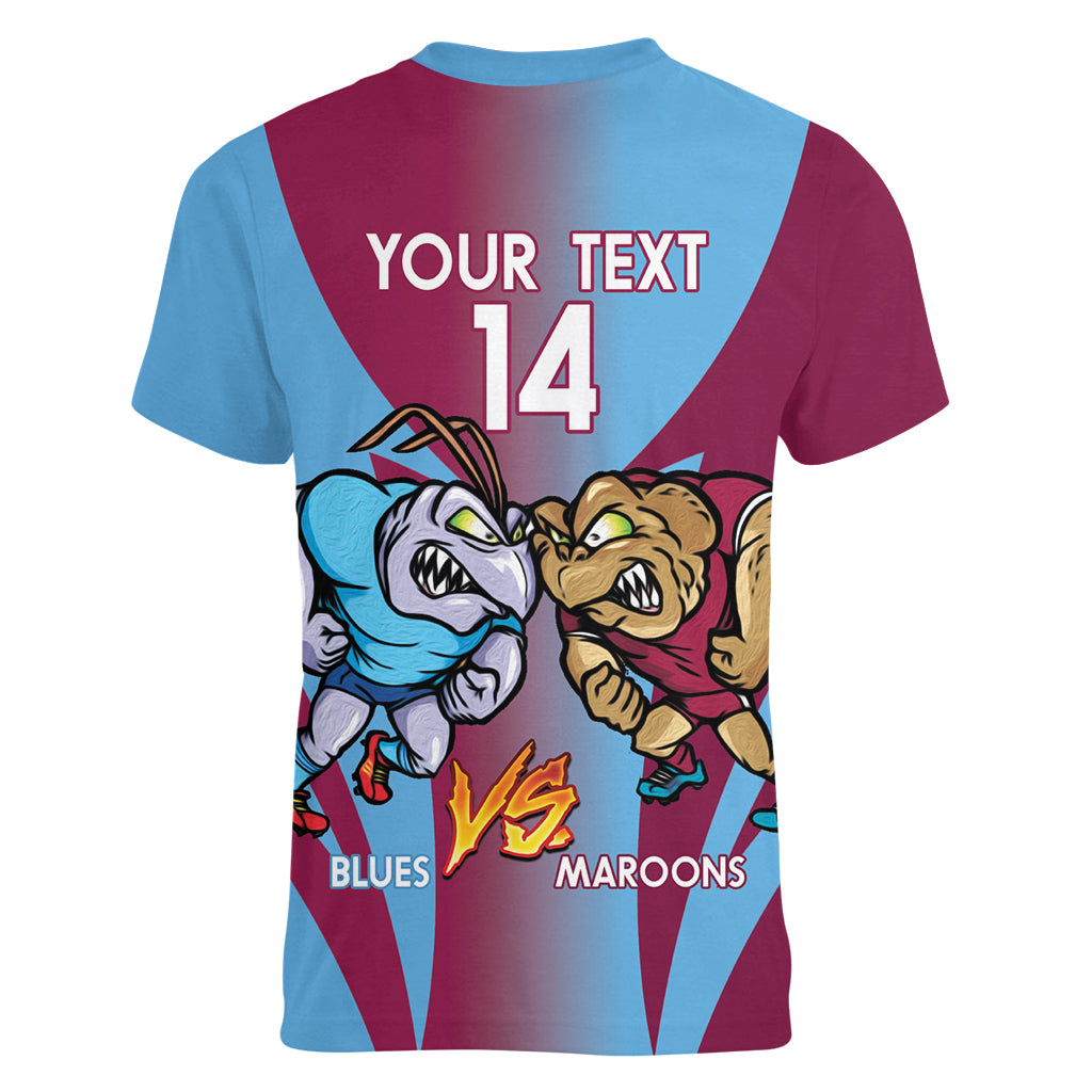 Custom NSW Blues And QLD Maroons Rugby Women V-Neck T-Shirt 2024 Cockroaches Cane toads Together