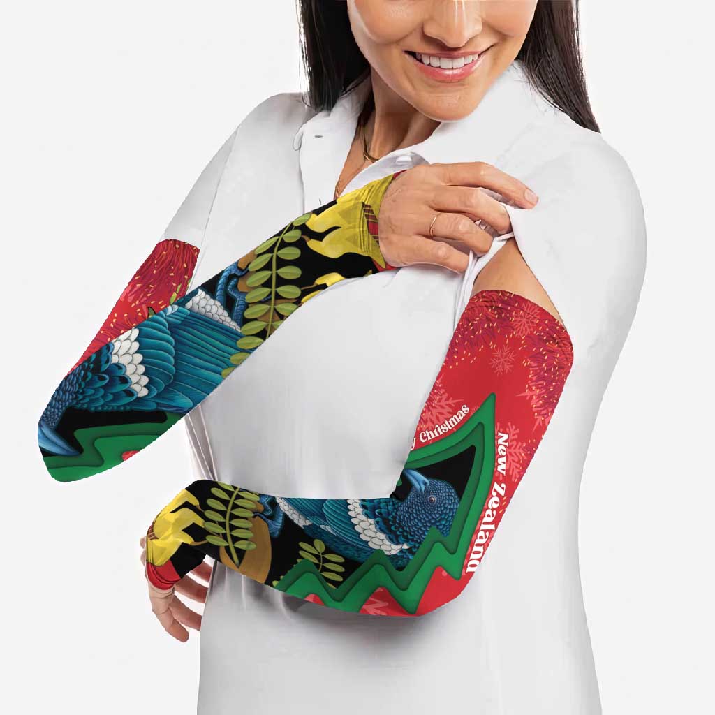 New Zealand Christmas In July Arm Sleeves Kowhai Tui Bird With Pohutukawa - Red - Aussie Hoodie