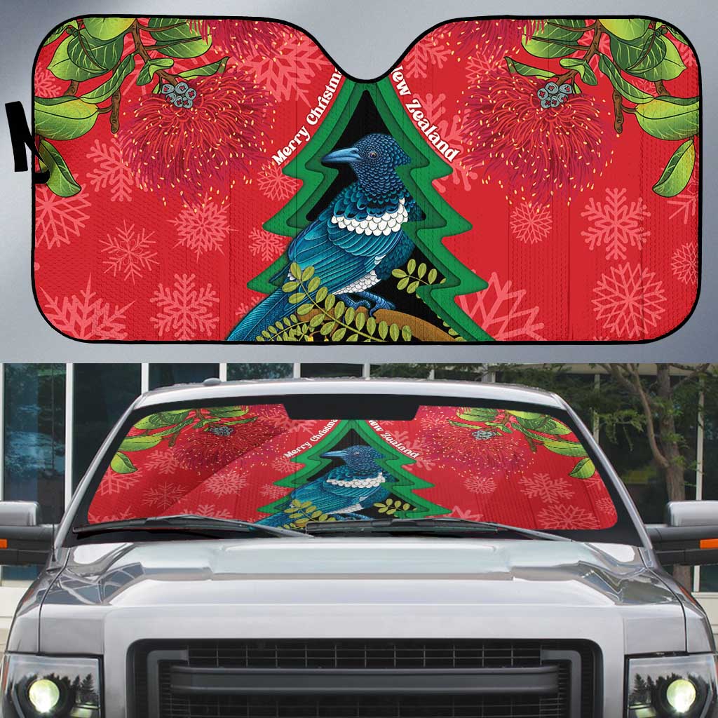 New Zealand Christmas In July Auto Sun Shade Kowhai Tui Bird With Pohutukawa - Red - Aussie Hoodie