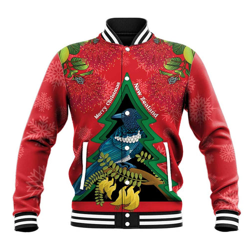 New Zealand Christmas In July Baseball Jacket Kowhai Tui Bird With Pohutukawa - Red