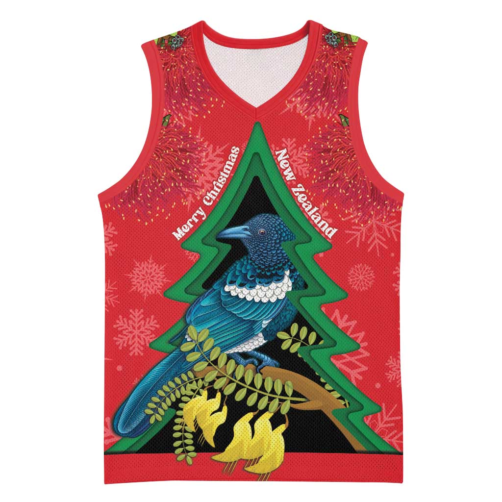 New Zealand Christmas In July Basketball Jersey Kowhai Tui Bird With Pohutukawa - Red - Aussie Hoodie
