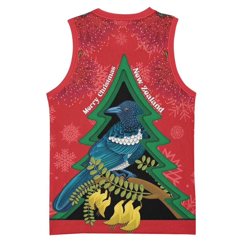 New Zealand Christmas In July Basketball Jersey Kowhai Tui Bird With Pohutukawa - Red - Aussie Hoodie