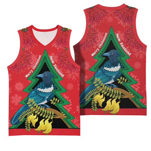 New Zealand Christmas In July Basketball Jersey Kowhai Tui Bird With Pohutukawa - Red - Aussie Hoodie