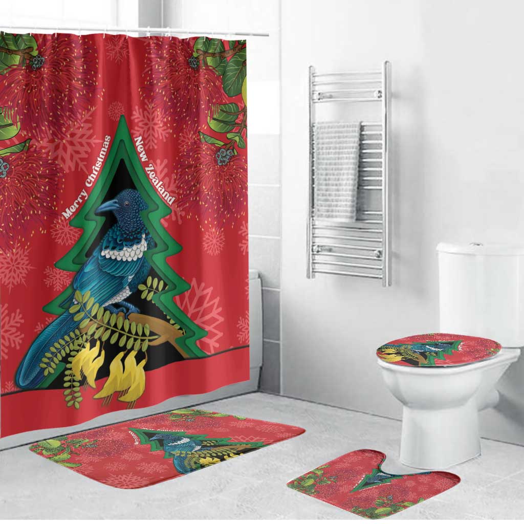 New Zealand Christmas In July Bathroom Set Kowhai Tui Bird With Pohutukawa - Red - Aussie Hoodie