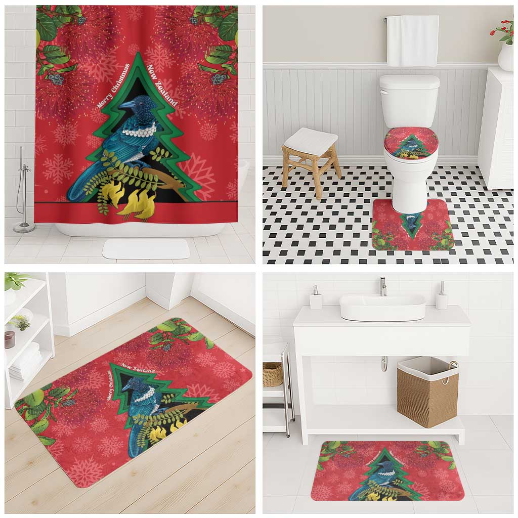 New Zealand Christmas In July Bathroom Set Kowhai Tui Bird With Pohutukawa - Red - Aussie Hoodie