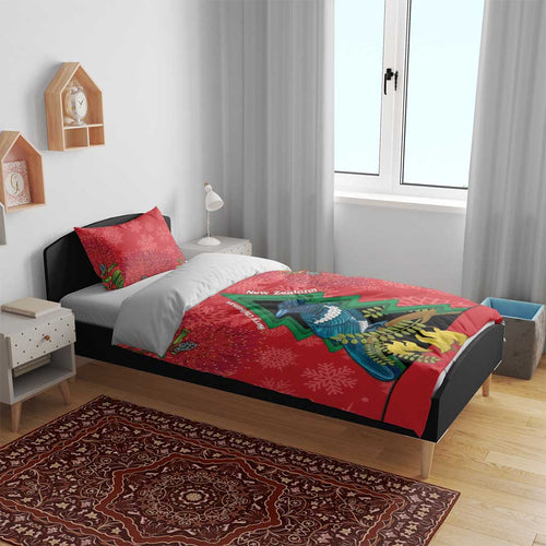 New Zealand Christmas In July Bedding Set Kowhai Tui Bird With Pohutukawa - Red