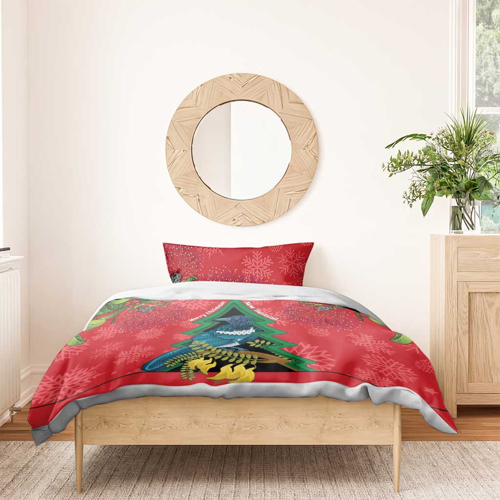 New Zealand Christmas In July Bedding Set Kowhai Tui Bird With Pohutukawa - Red