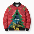 New Zealand Christmas In July Bomber Puffer Jacket Kowhai Tui Bird With Pohutukawa - Red - Aussie Hoodie