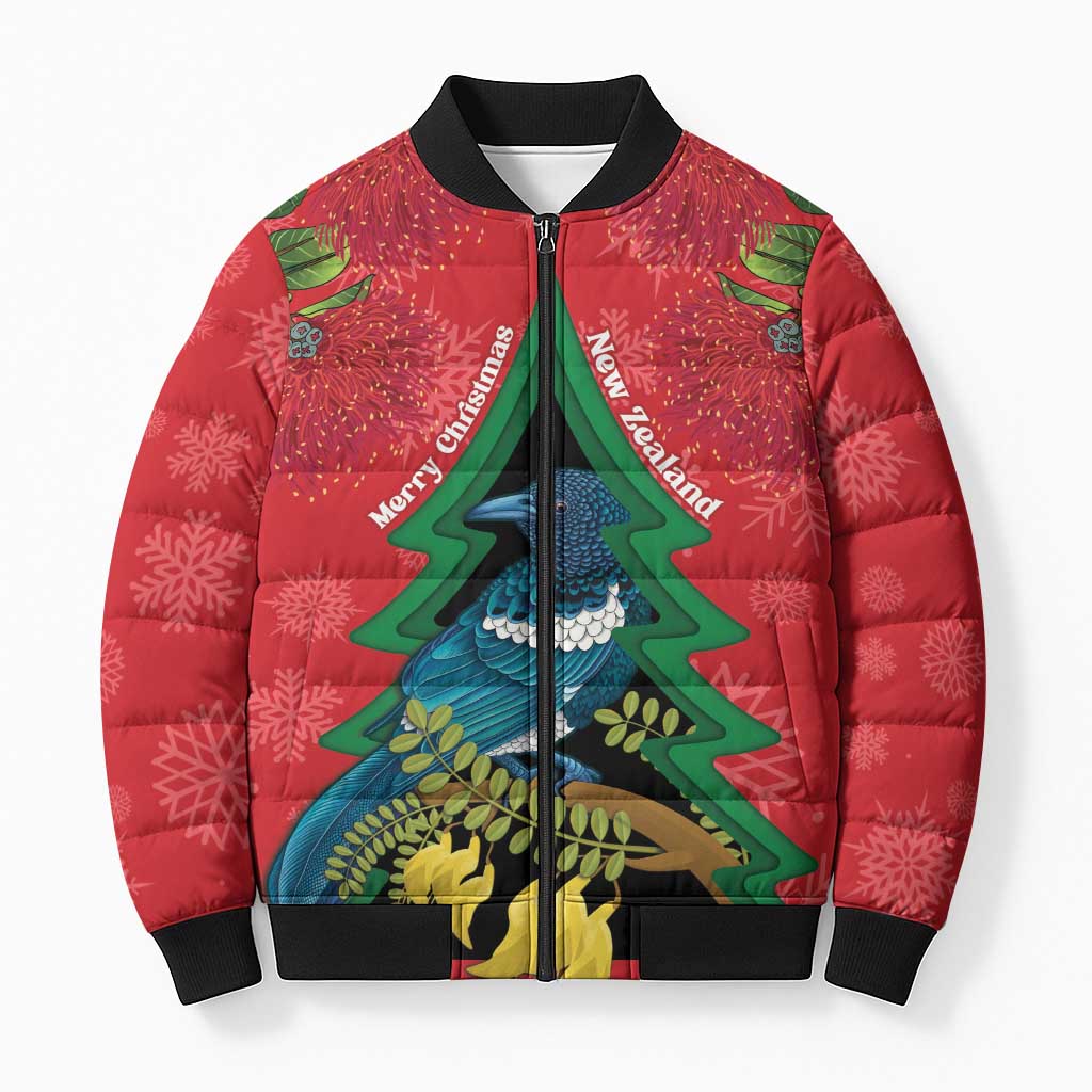 New Zealand Christmas In July Bomber Puffer Jacket Kowhai Tui Bird With Pohutukawa - Red - Aussie Hoodie