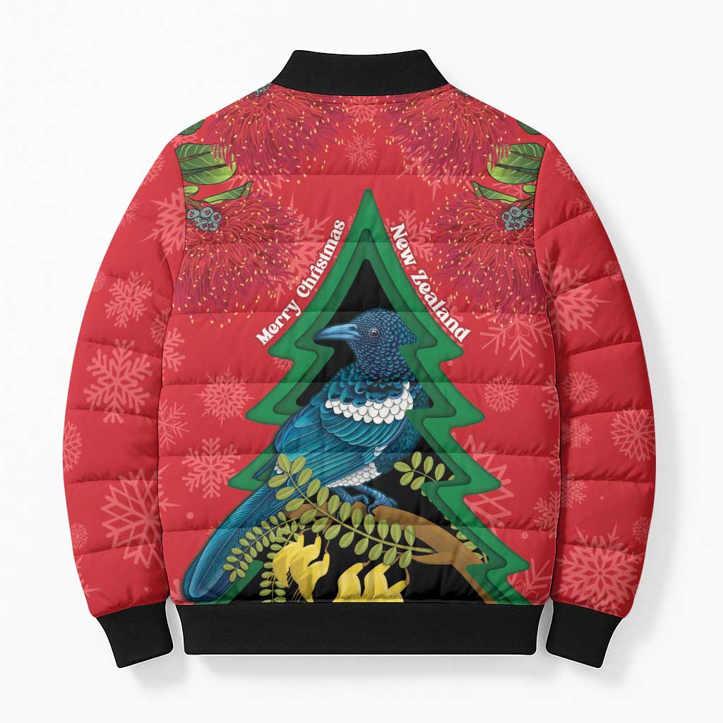 New Zealand Christmas In July Bomber Puffer Jacket Kowhai Tui Bird With Pohutukawa - Red - Aussie Hoodie