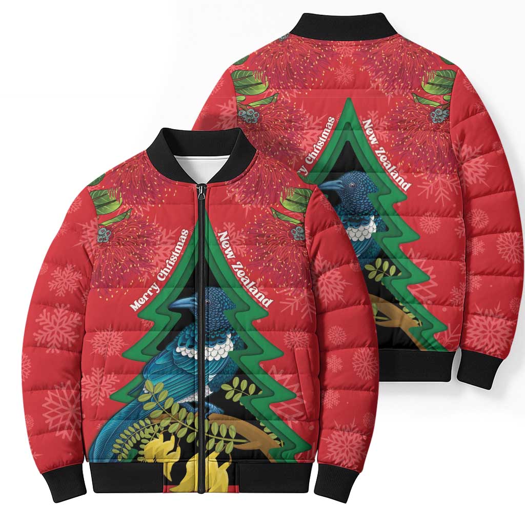 New Zealand Christmas In July Bomber Puffer Jacket Kowhai Tui Bird With Pohutukawa - Red - Aussie Hoodie