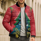 New Zealand Christmas In July Bomber Puffer Jacket Kowhai Tui Bird With Pohutukawa - Red - Aussie Hoodie
