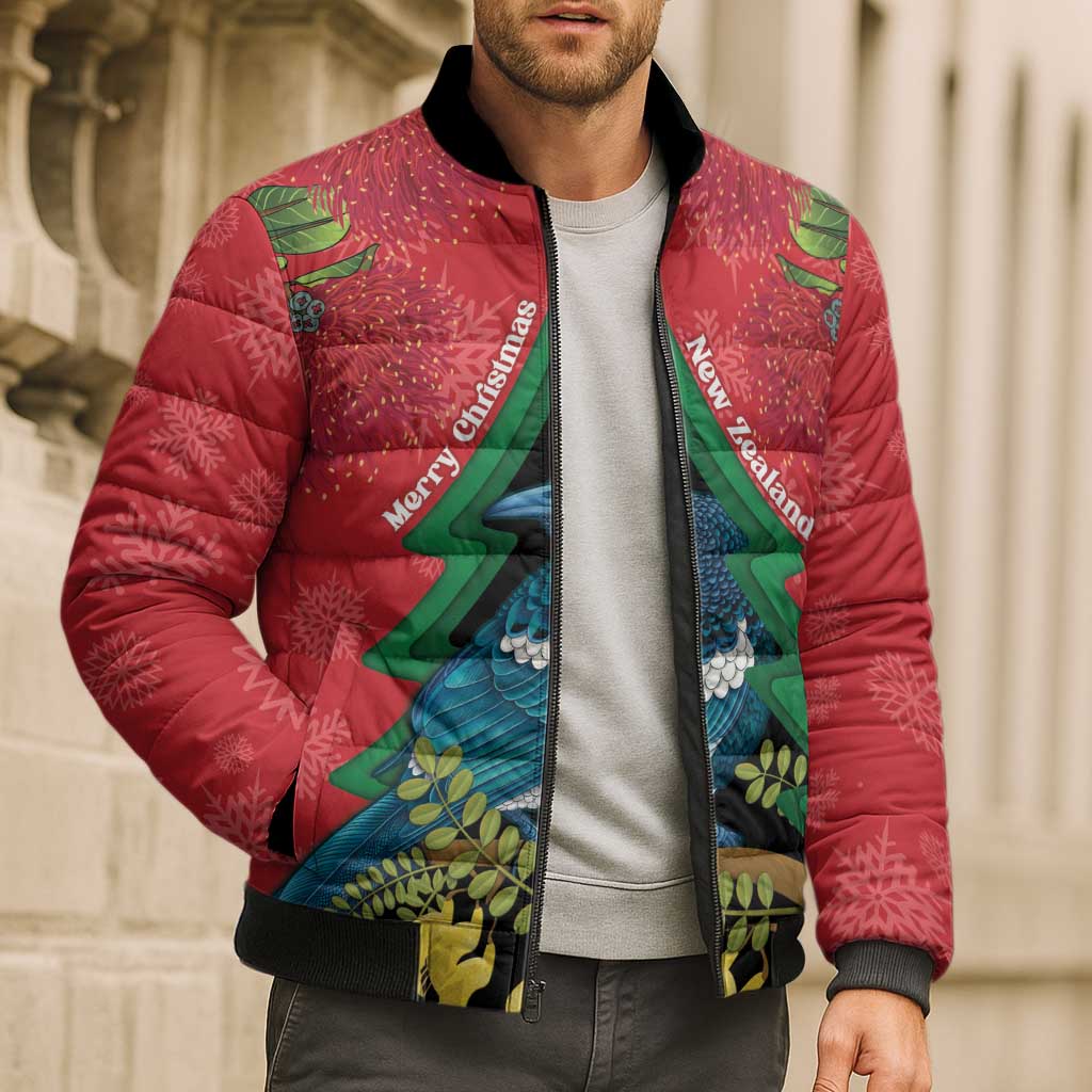 New Zealand Christmas In July Bomber Puffer Jacket Kowhai Tui Bird With Pohutukawa - Red - Aussie Hoodie