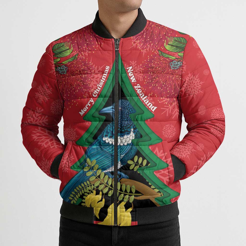 New Zealand Christmas In July Bomber Puffer Jacket Kowhai Tui Bird With Pohutukawa - Red - Aussie Hoodie