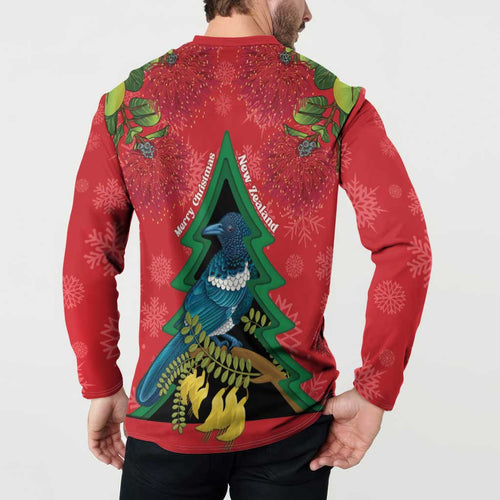 New Zealand Christmas In July Button Sweatshirt Kowhai Tui Bird With Pohutukawa - Red