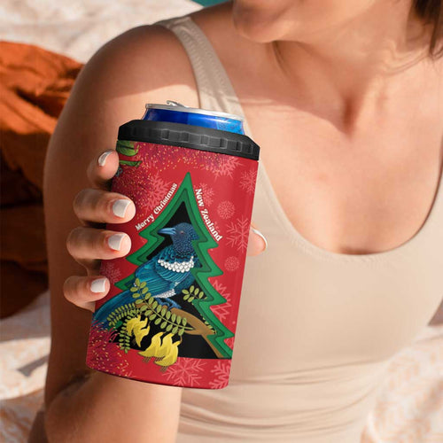 New Zealand Christmas In July 4 in 1 Can Cooler Tumbler Kowhai Tui Bird With Pohutukawa - Red