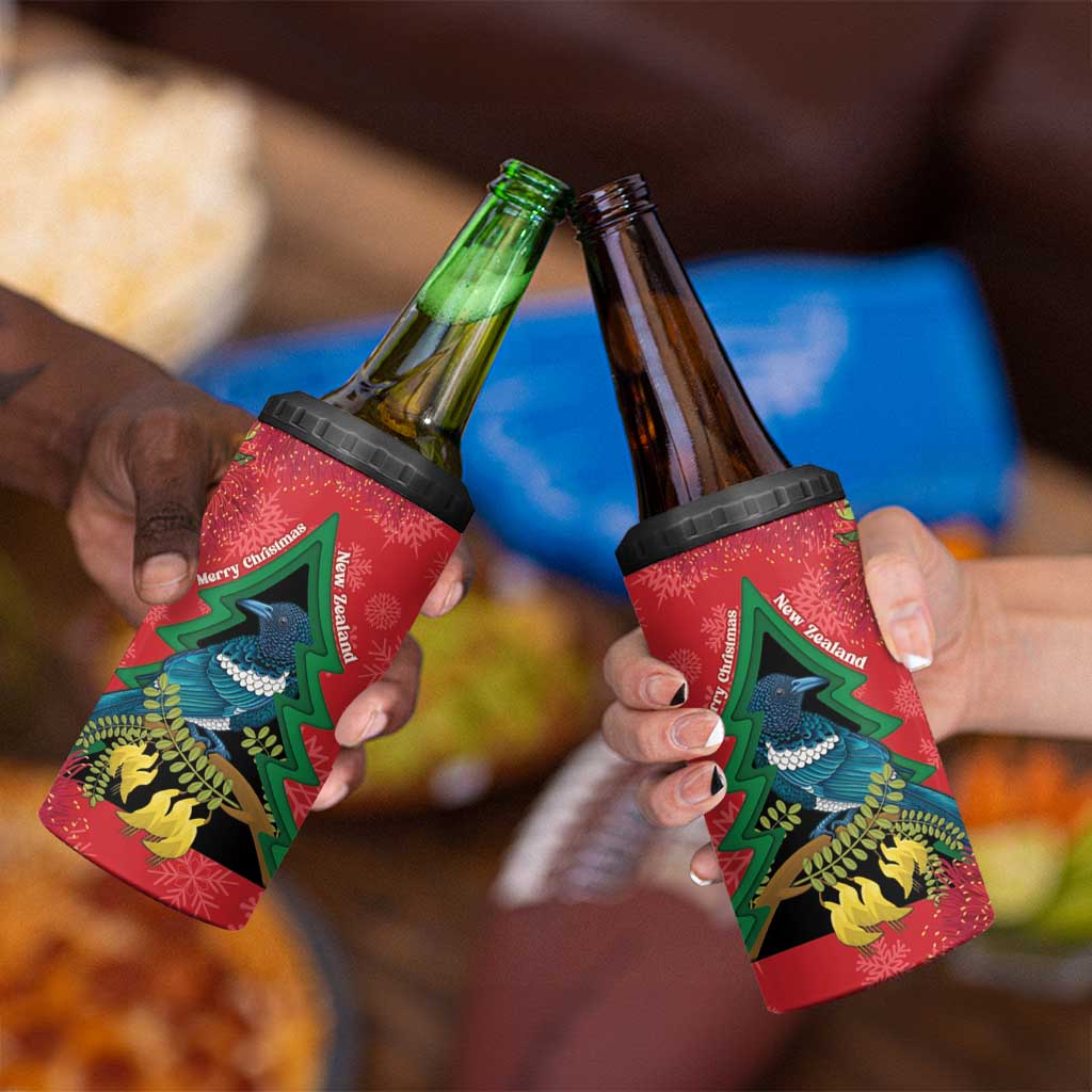 New Zealand Christmas In July 4 in 1 Can Cooler Tumbler Kowhai Tui Bird With Pohutukawa - Red