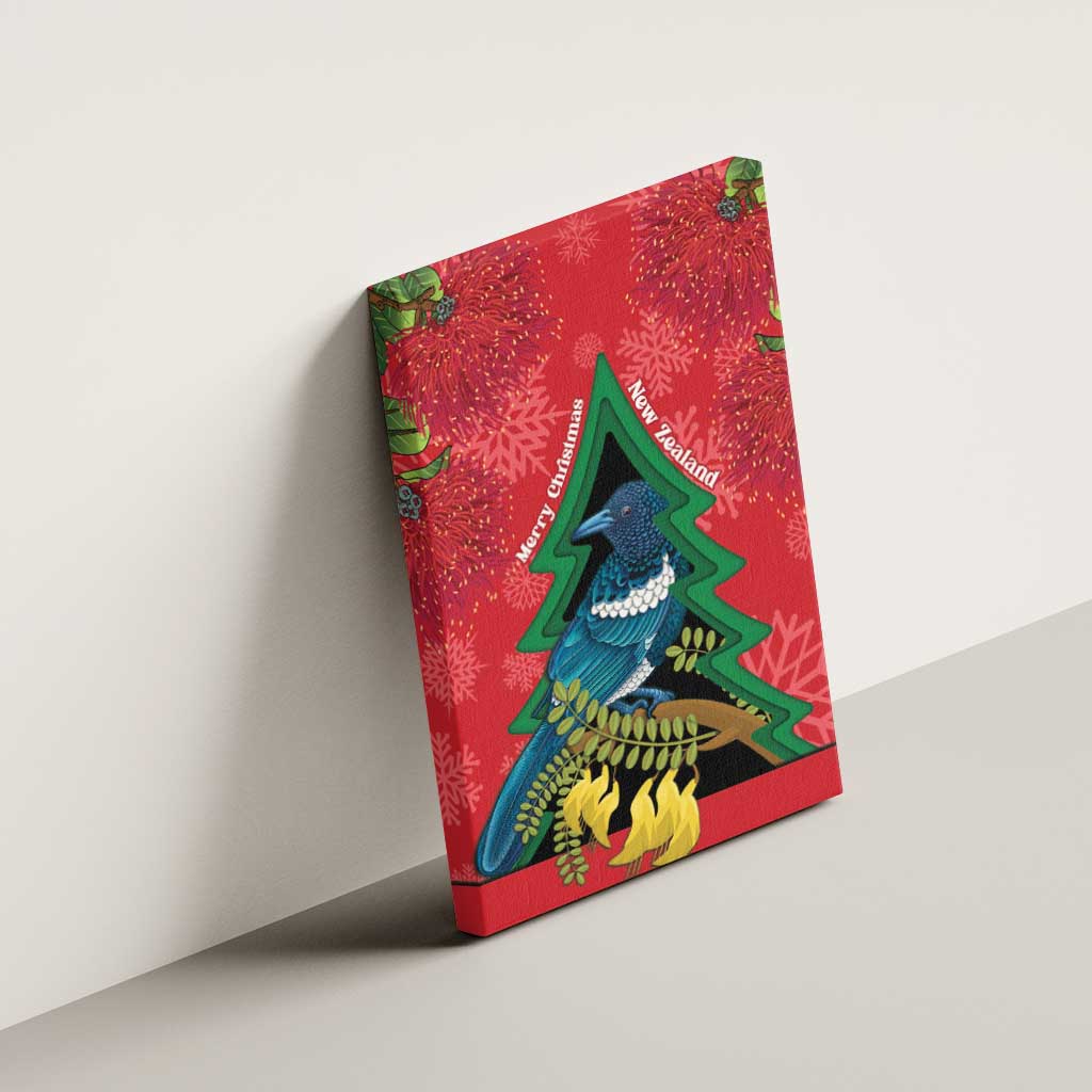 New Zealand Christmas In July Canvas Wall Art Kowhai Tui Bird With Pohutukawa - Red