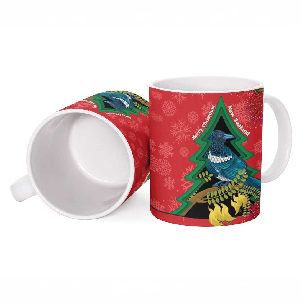 New Zealand Christmas In July Ceramic Mug Kowhai Tui Bird With Pohutukawa - Red - Aussie Hoodie