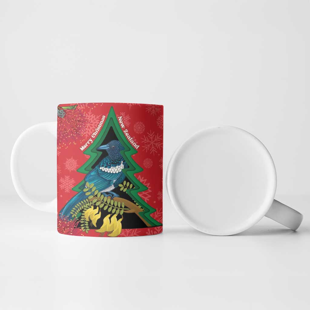 New Zealand Christmas In July Ceramic Mug Kowhai Tui Bird With Pohutukawa - Red - Aussie Hoodie