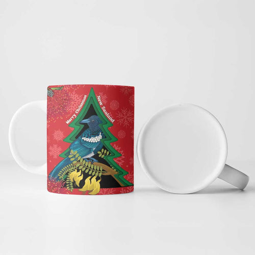 New Zealand Christmas In July Ceramic Mug Kowhai Tui Bird With Pohutukawa - Red - Aussie Hoodie