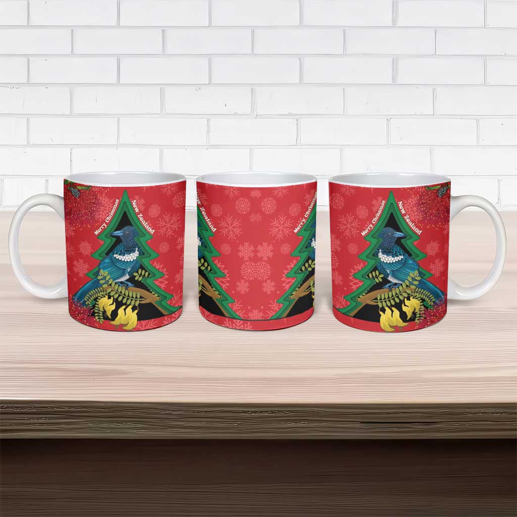 New Zealand Christmas In July Ceramic Mug Kowhai Tui Bird With Pohutukawa - Red - Aussie Hoodie