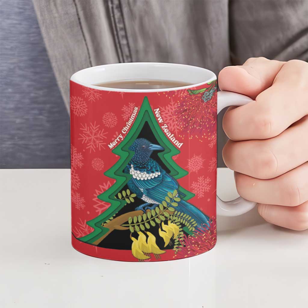 New Zealand Christmas In July Ceramic Mug Kowhai Tui Bird With Pohutukawa - Red - Aussie Hoodie