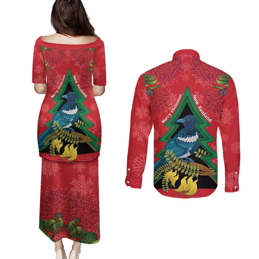 New Zealand Christmas In July Couples Matching Puletasi and Long Sleeve Button Shirt Kowhai Tui Bird With Pohutukawa - Red