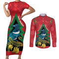 New Zealand Christmas In July Couples Matching Short Sleeve Bodycon Dress and Long Sleeve Button Shirt Kowhai Tui Bird With Pohutukawa - Red