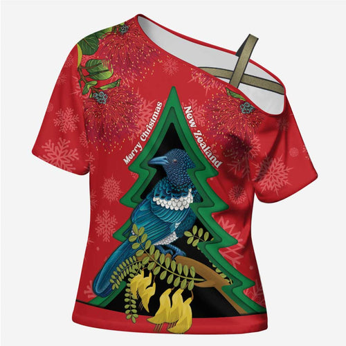 New Zealand Christmas In July Cross Shoulder Shirt Kowhai Tui Bird With Pohutukawa - Red - Aussie Hoodie