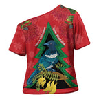 New Zealand Christmas In July Cross Shoulder Shirt Kowhai Tui Bird With Pohutukawa - Red - Aussie Hoodie