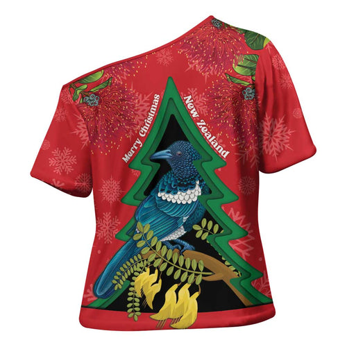 New Zealand Christmas In July Cross Shoulder Shirt Kowhai Tui Bird With Pohutukawa - Red - Aussie Hoodie