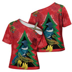 New Zealand Christmas In July Cross Shoulder Shirt Kowhai Tui Bird With Pohutukawa - Red - Aussie Hoodie