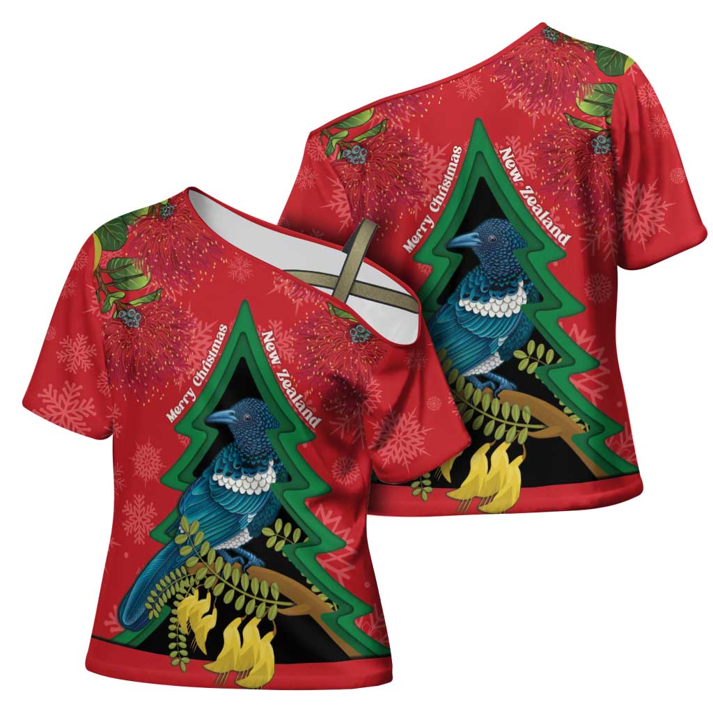 New Zealand Christmas In July Cross Shoulder Shirt Kowhai Tui Bird With Pohutukawa - Red - Aussie Hoodie
