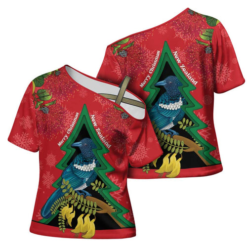 New Zealand Christmas In July Cross Shoulder Shirt Kowhai Tui Bird With Pohutukawa - Red - Aussie Hoodie