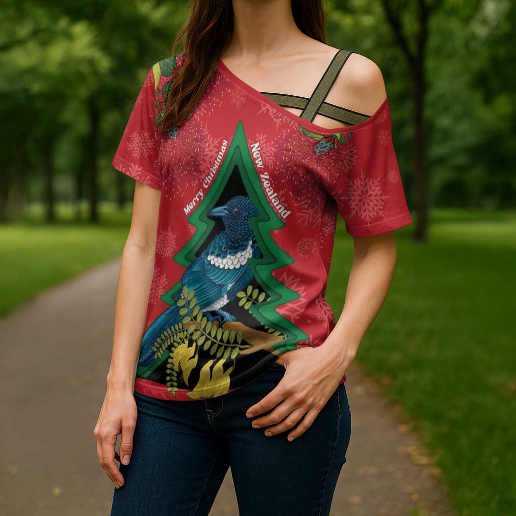 New Zealand Christmas In July Cross Shoulder Shirt Kowhai Tui Bird With Pohutukawa - Red - Aussie Hoodie