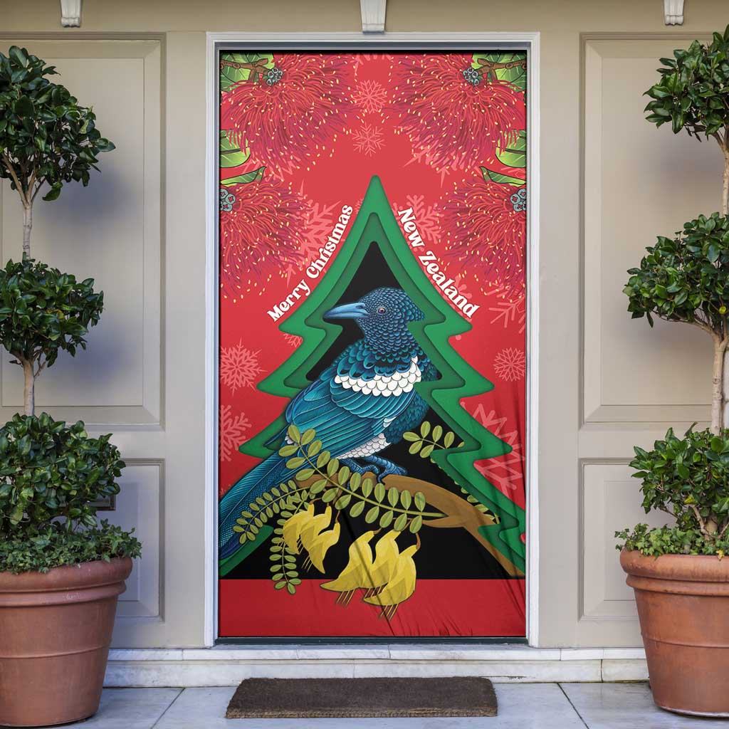 New Zealand Christmas In July Door Cover Kowhai Tui Bird With Pohutukawa - Red - Aussie Hoodie