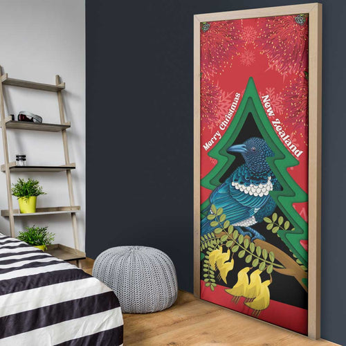 New Zealand Christmas In July Door Cover Kowhai Tui Bird With Pohutukawa - Red - Aussie Hoodie