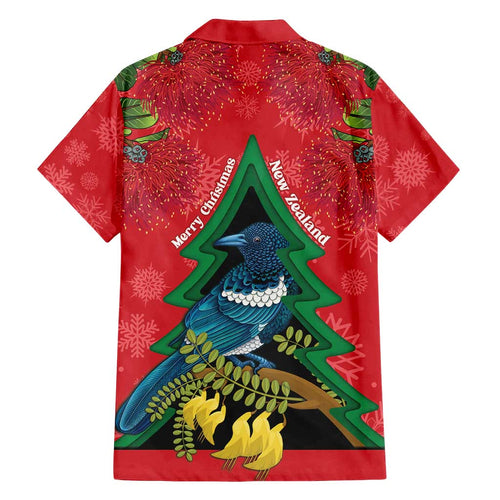 New Zealand Christmas In July Family Matching Long Sleeve Bodycon Dress and Hawaiian Shirt Kowhai Tui Bird With Pohutukawa - Red