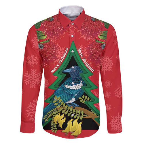 New Zealand Christmas In July Family Matching Off The Shoulder Long Sleeve Dress and Hawaiian Shirt Kowhai Tui Bird With Pohutukawa - Red