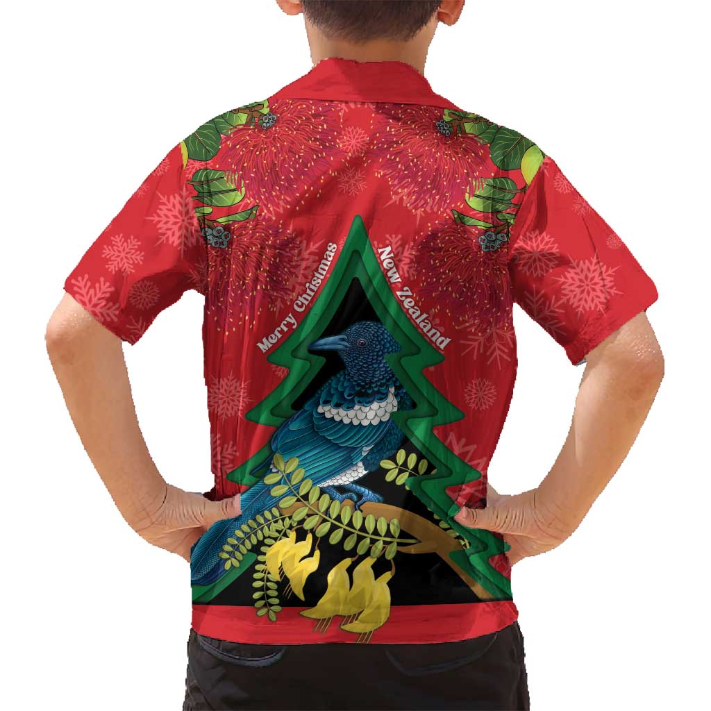 New Zealand Christmas In July Family Matching Off Shoulder Maxi Dress and Hawaiian Shirt Kowhai Tui Bird With Pohutukawa - Red