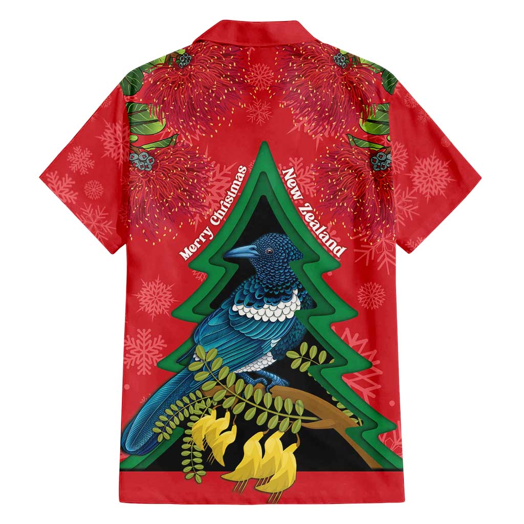 New Zealand Christmas In July Family Matching Off Shoulder Maxi Dress and Hawaiian Shirt Kowhai Tui Bird With Pohutukawa - Red