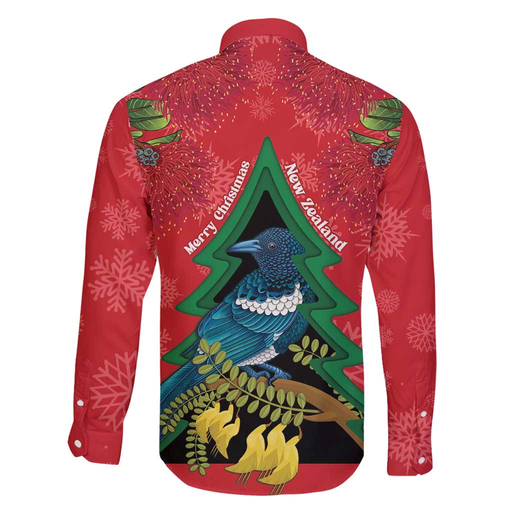 New Zealand Christmas In July Family Matching Off Shoulder Maxi Dress and Hawaiian Shirt Kowhai Tui Bird With Pohutukawa - Red