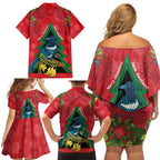 New Zealand Christmas In July Family Matching Off Shoulder Short Dress and Hawaiian Shirt Kowhai Tui Bird With Pohutukawa - Red