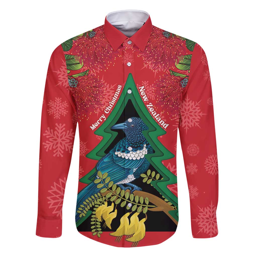 New Zealand Christmas In July Family Matching Off Shoulder Short Dress and Hawaiian Shirt Kowhai Tui Bird With Pohutukawa - Red