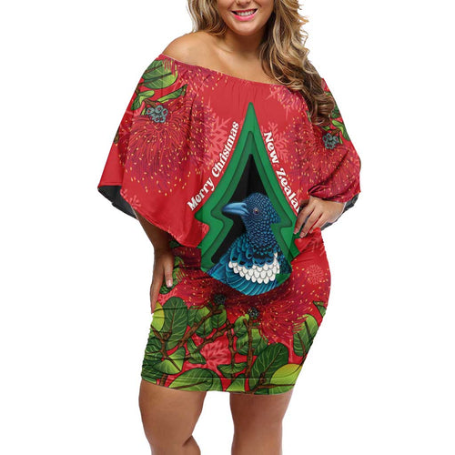 New Zealand Christmas In July Family Matching Off Shoulder Short Dress and Hawaiian Shirt Kowhai Tui Bird With Pohutukawa - Red