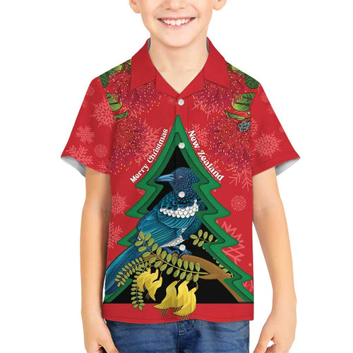 New Zealand Christmas In July Family Matching Off Shoulder Short Dress and Hawaiian Shirt Kowhai Tui Bird With Pohutukawa - Red