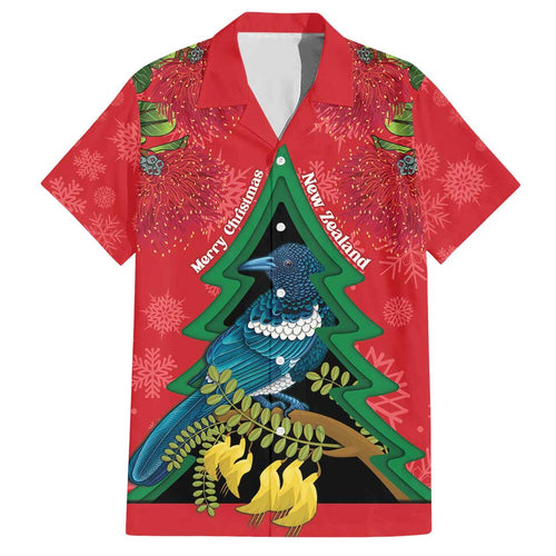 New Zealand Christmas In July Family Matching Short Sleeve Bodycon Dress and Hawaiian Shirt Kowhai Tui Bird With Pohutukawa - Red