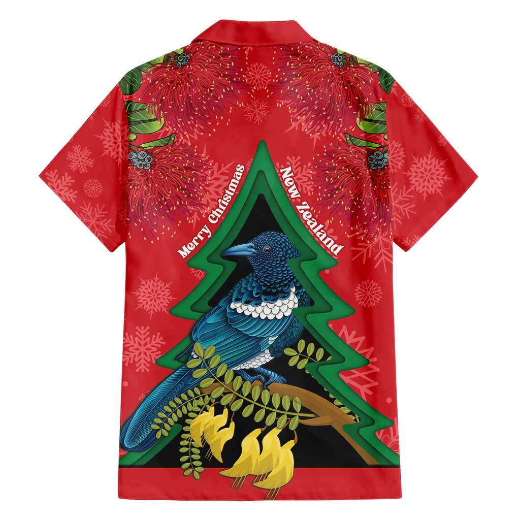 New Zealand Christmas In July Family Matching Short Sleeve Bodycon Dress and Hawaiian Shirt Kowhai Tui Bird With Pohutukawa - Red